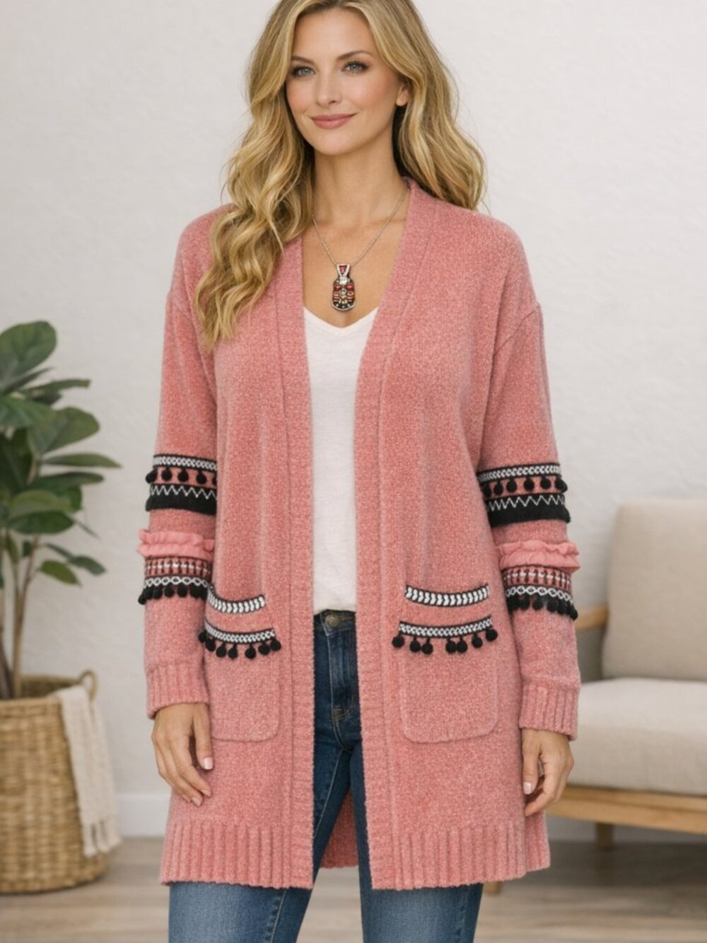 ANDTHEWHY Terracotta Cozy Chenille Knit Open Cardigan Oversized Pockets S/M Boho